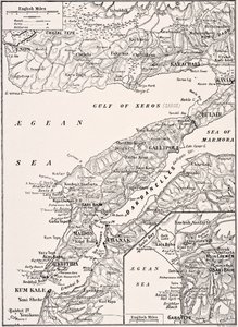 Mapa detalhado da Península de Gallipoli e a Turquia de Dardanelos, 1915, de &39;The War Illustrated Album deLuxe&39;, publicado em Londres, 1916